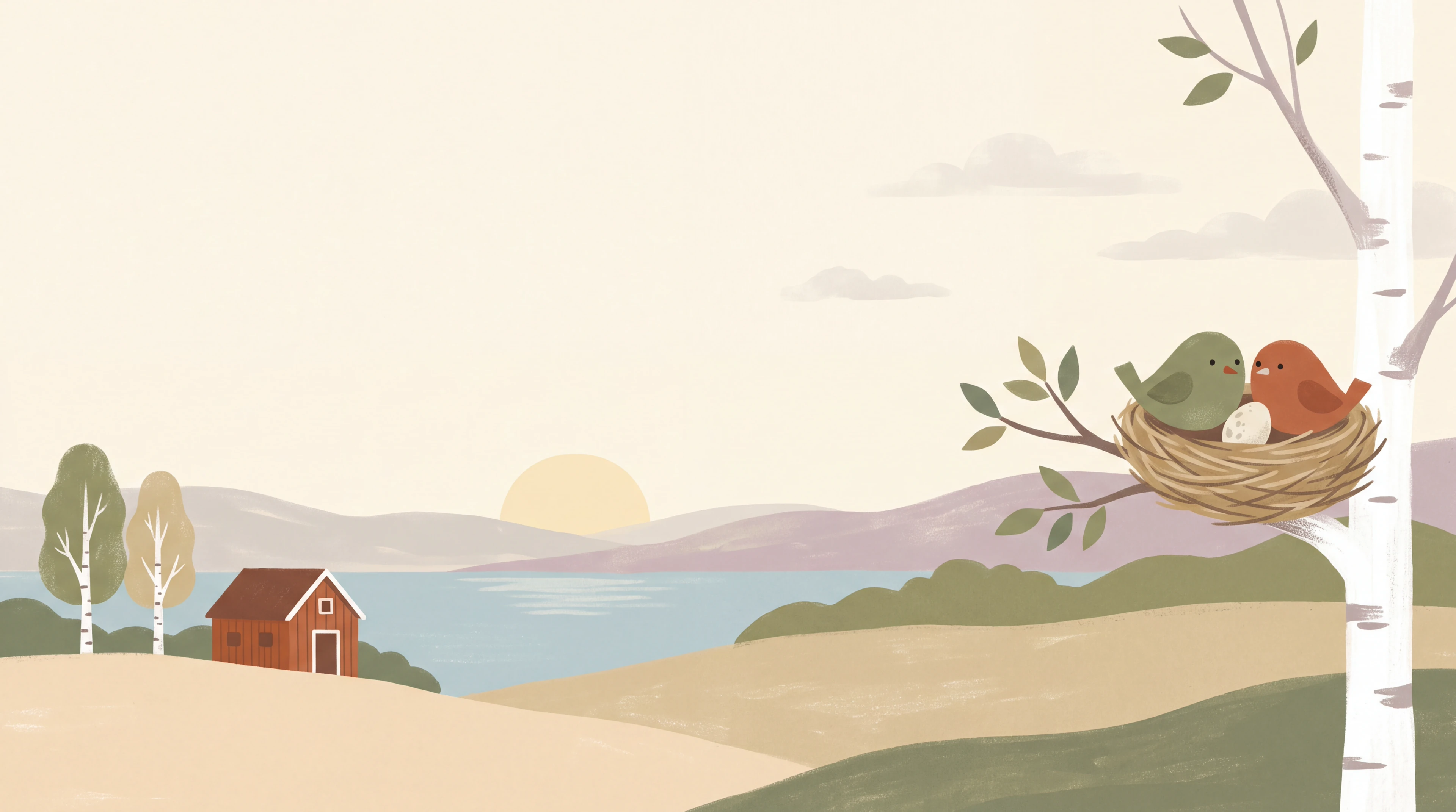 Gouache av et norsk morgenlandskap: en fjord, et rødt hus mellom bjørker, og et rede på en bjørkegren med to fugler og et egg