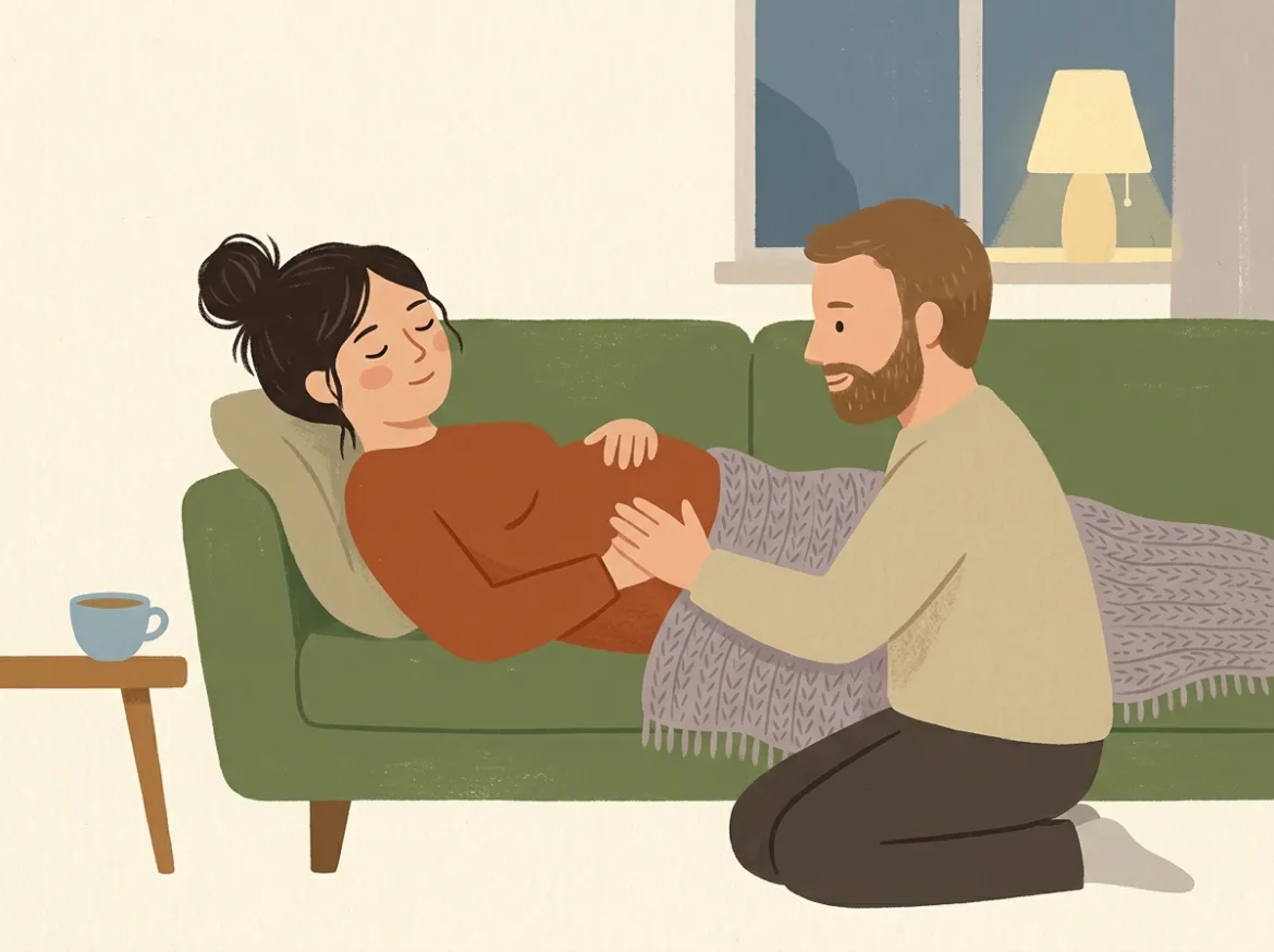 En gravid kvinne ligger på siden i sofaen med hånden på magen, mens partnerens hånd hviler ved siden av