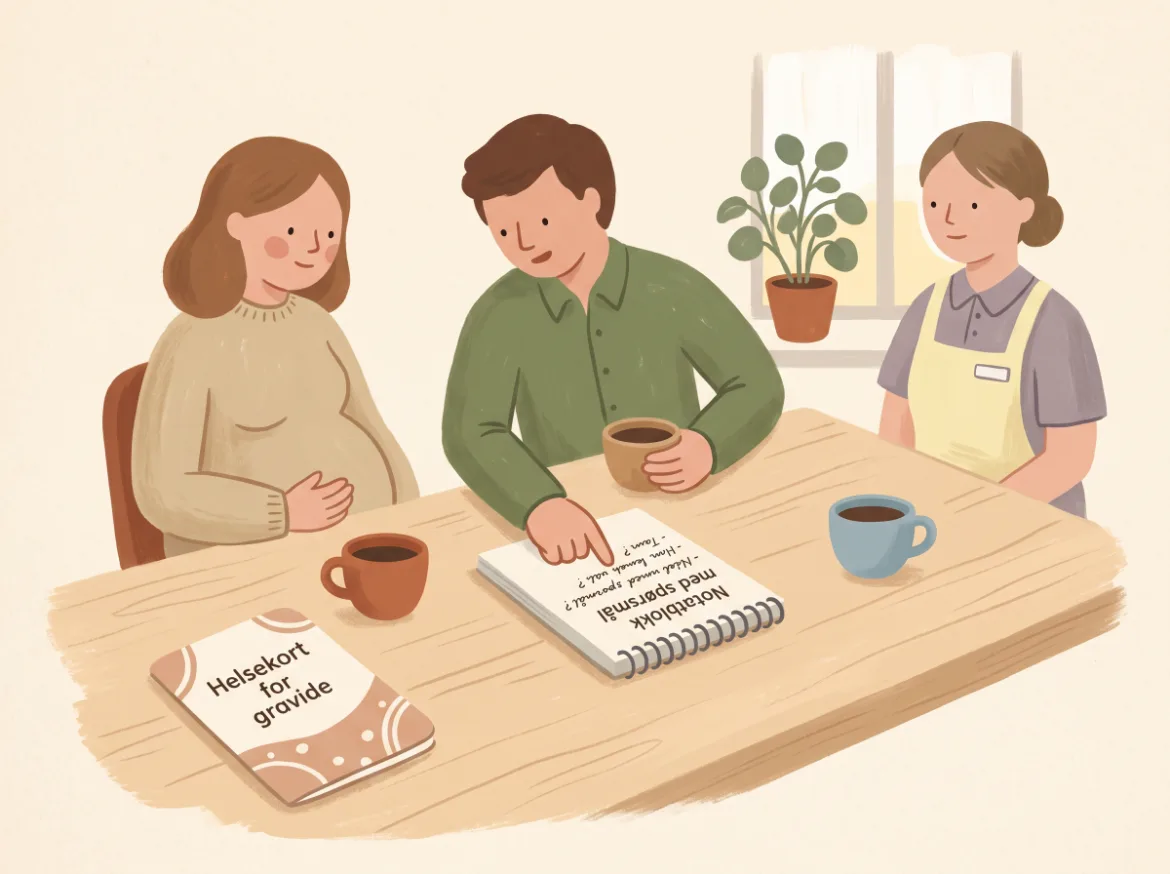 Et helsekort for gravide og en notatblokk med spørsmål på et bord på helsestasjonen, med to kaffekopper